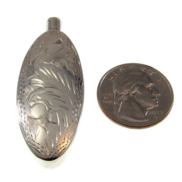 Solid 925 Sterling Silver Etched Oval Perfume Bottle / Flask with Dip Stick - Picture 2 of 6